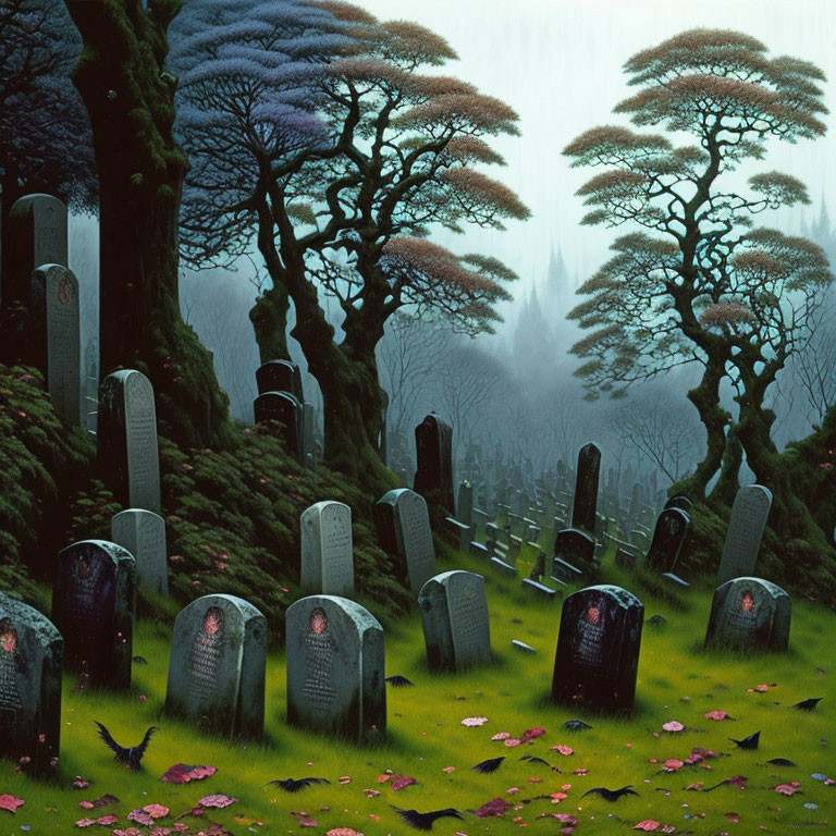 Misty graveyard with moss-covered tombstones and colorful leaves