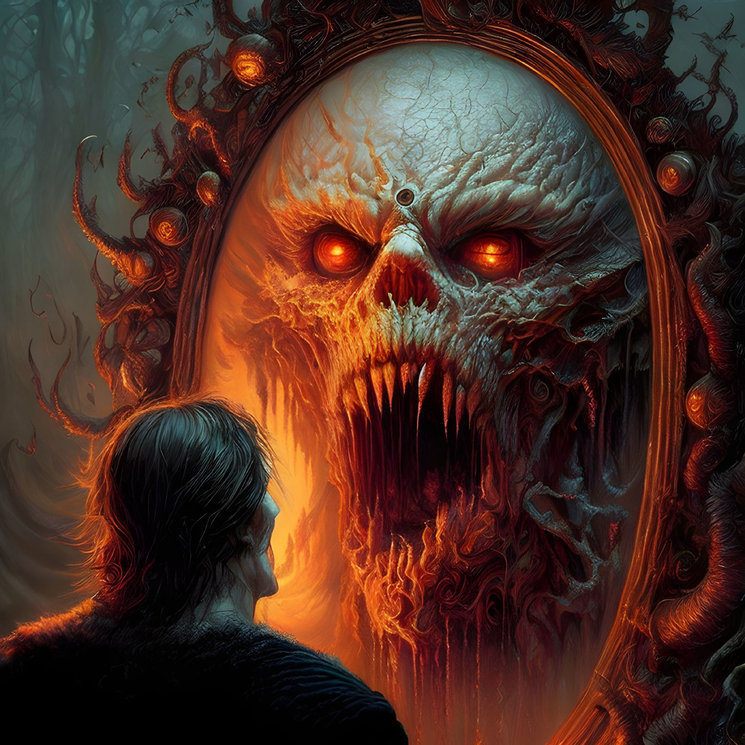 Mirror reflection of a person as a monstrous demon with red eyes and sharp fangs