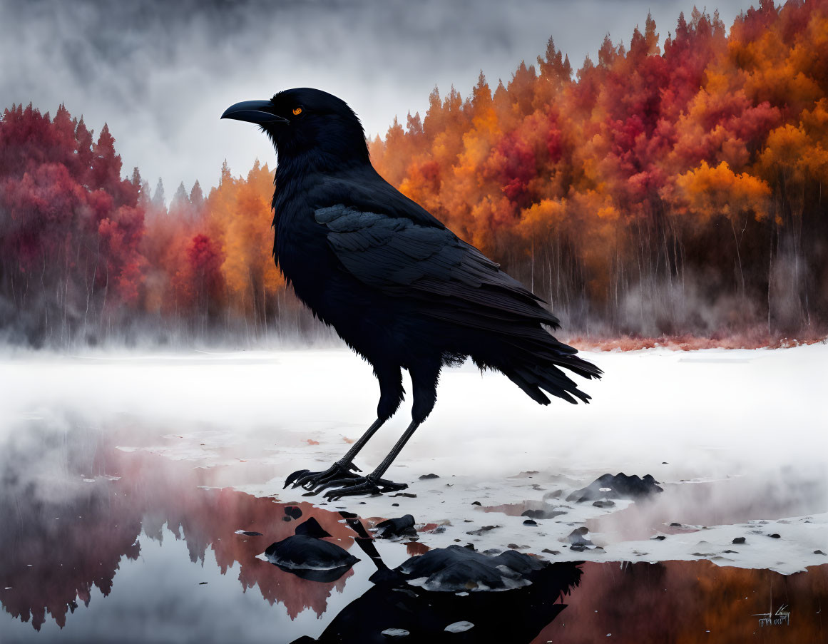 Black raven near misty lake in autumn forest