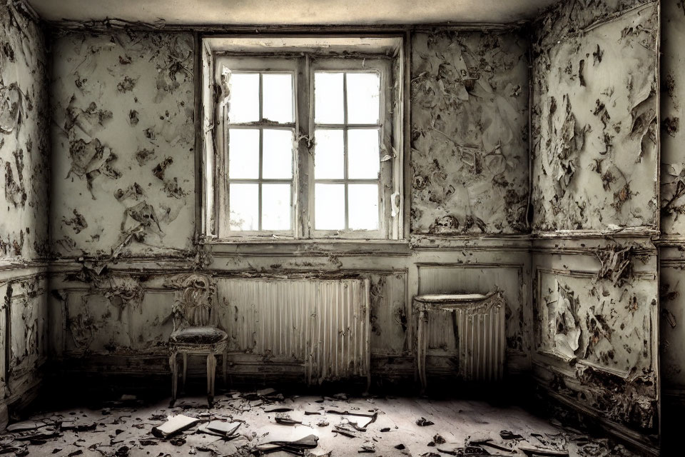 Abandoned Room with Peeling Wallpaper and Dusty Floor