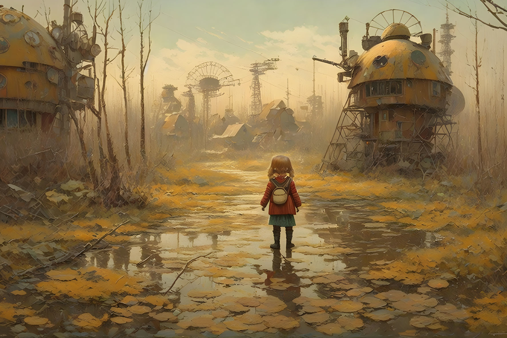 Young girl in post-apocalyptic landscape with abandoned structures.