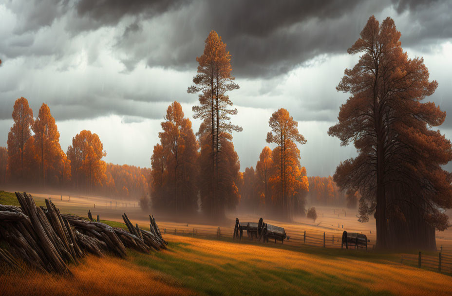 Autumn landscape with horses, fence, and dramatic sky