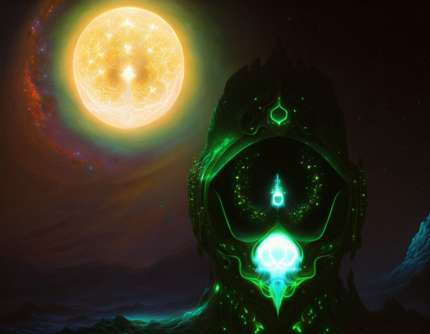 Mystical helmet-like structure with glowing symbols under starry sky beside golden orb