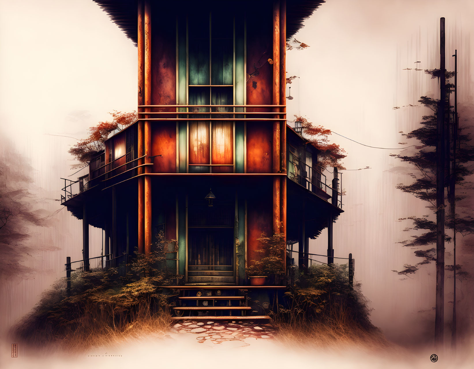 Digital artwork: Tall wooden house in mist with lantern & plants