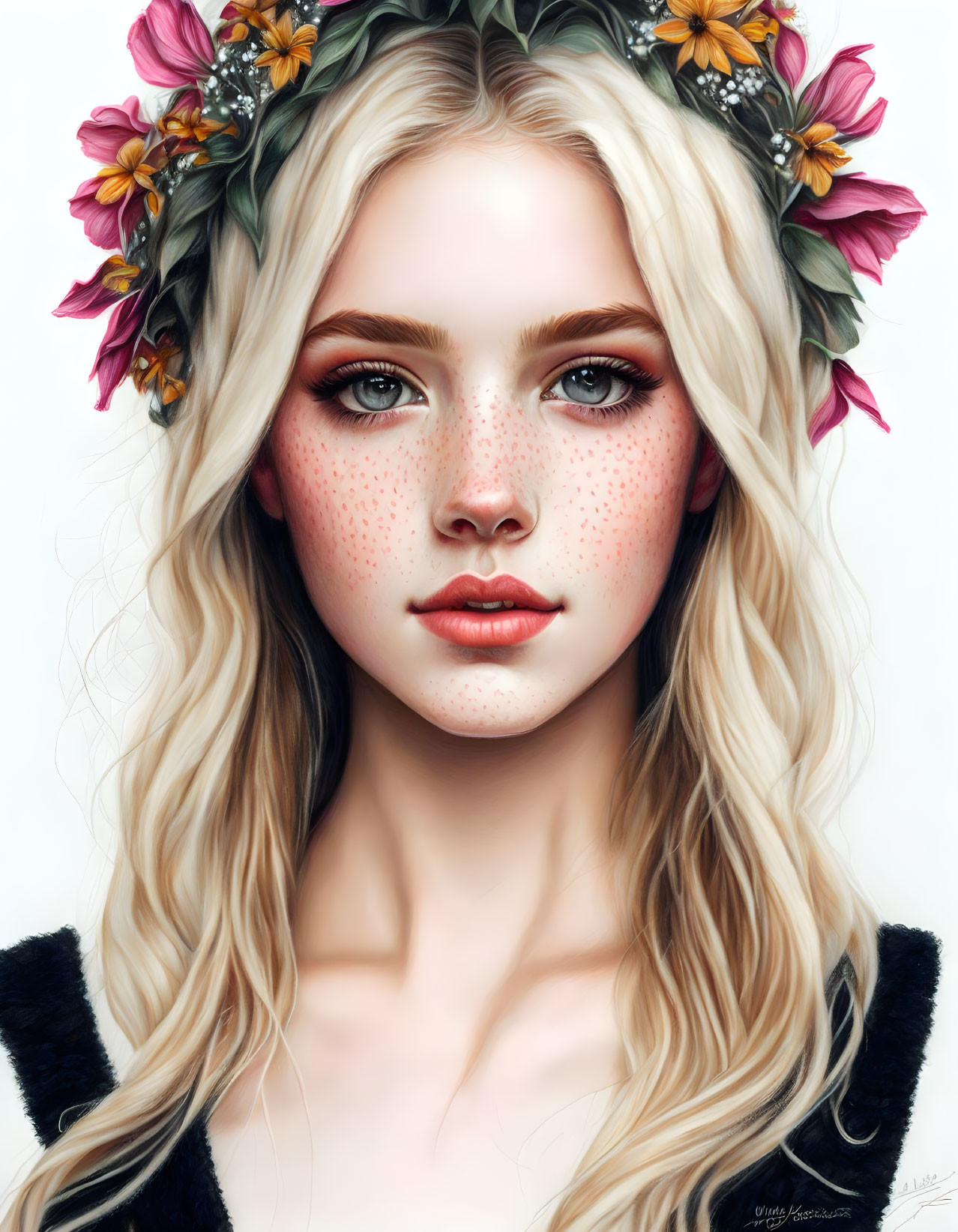 Young woman portrait with freckles, wavy blonde hair, and floral crown