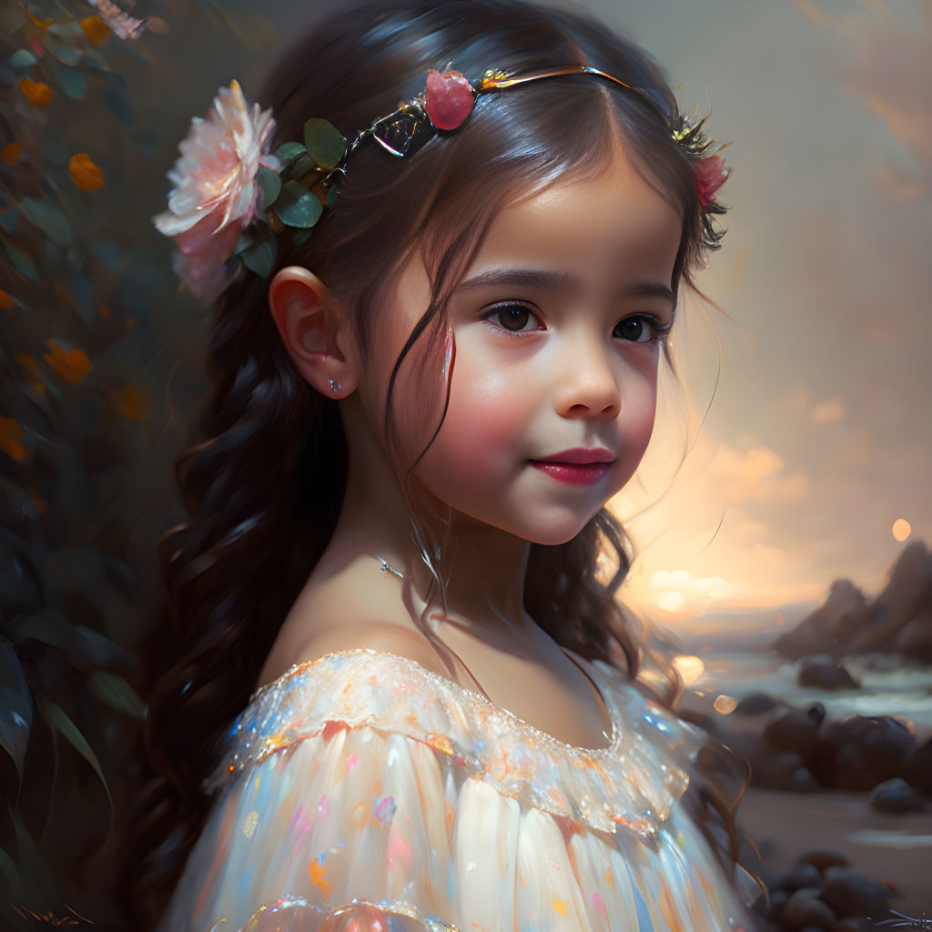 Digital painting of young girl with floral headband and sparkling dress on twilight beach