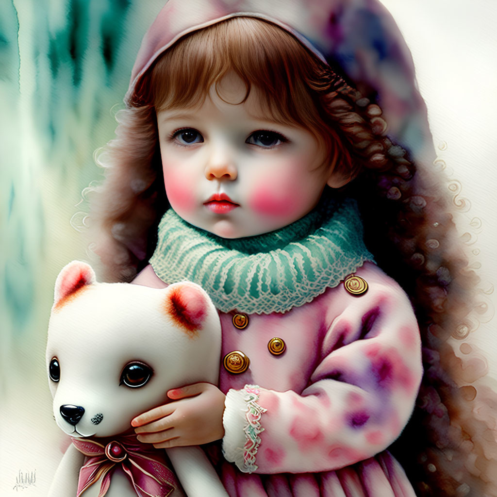 Child in hooded coat hugging teddy bear illustration