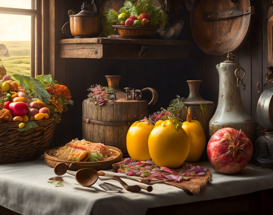 Rustic still life with fresh fruits, vegetables, pie, flowers, and vintage kitchenware on