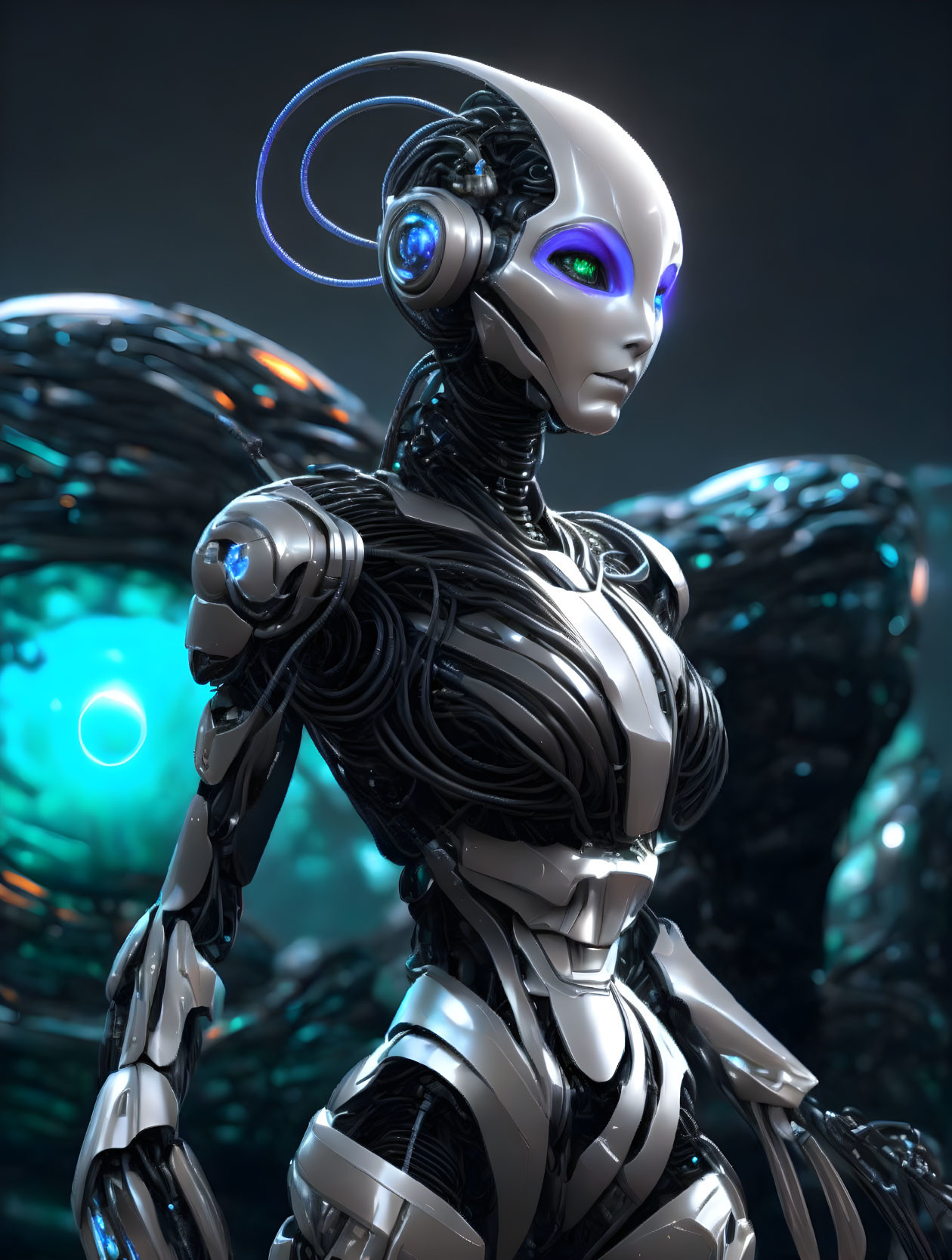 Futuristic female android with metallic body and purple eyes