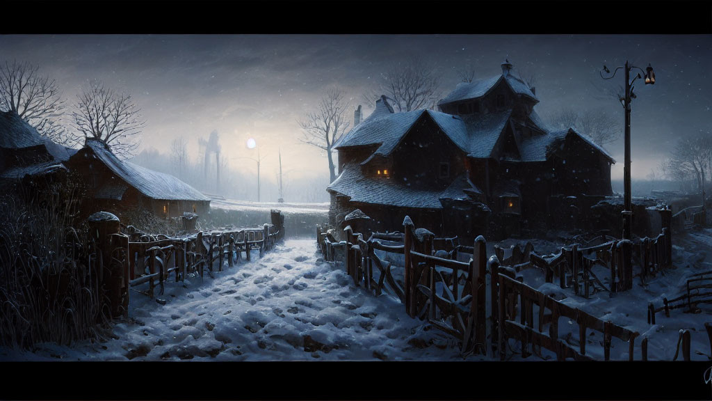 Snowy Twilight Scene: Rustic Houses, Glowing Windows, Fenced Path, Solitary Street