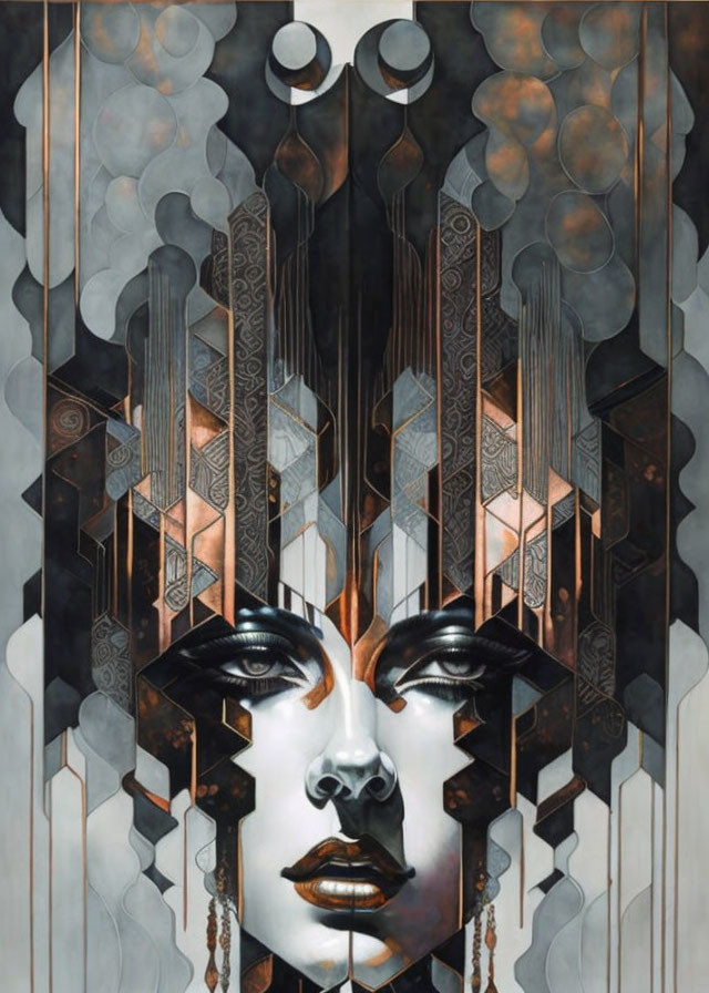 Symmetrical Abstract Art: Stylized Female Face with Art Deco Influence