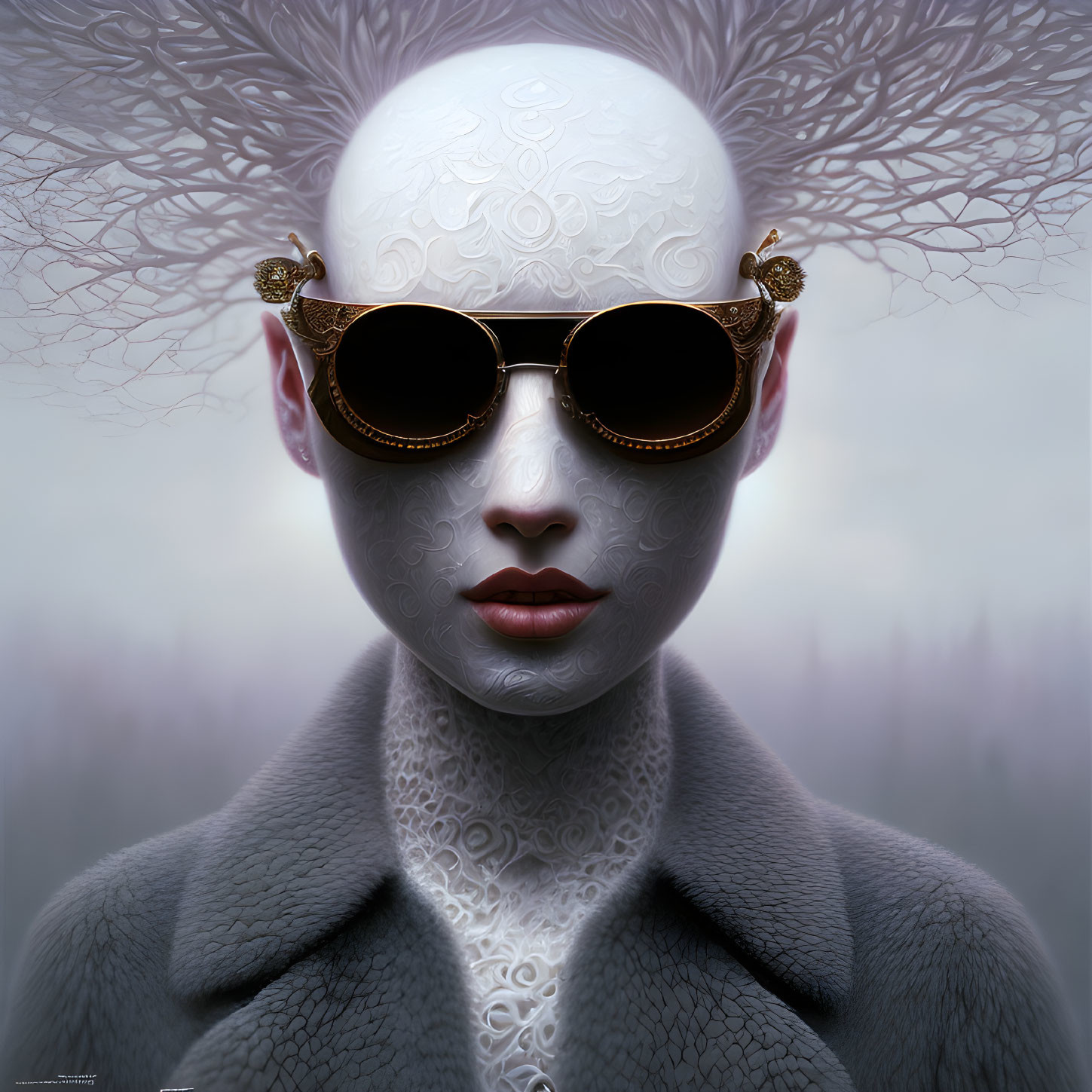 Figure with alabaster complexion in ornate sunglasses against misty backdrop