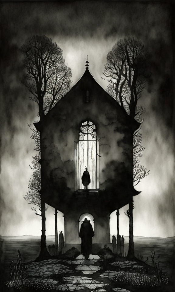 Monochromatic illustration of figure near gothic house