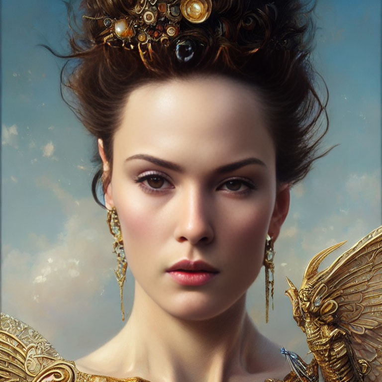 Regal woman with golden headdress against cloudy sky