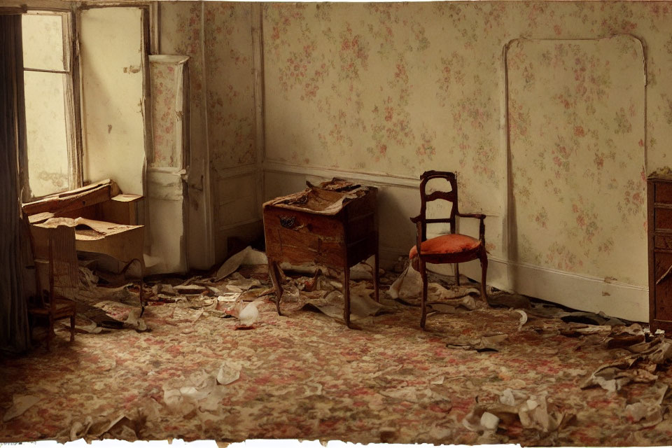 Abandoned Room with Peeling Floral Wallpaper and Chair