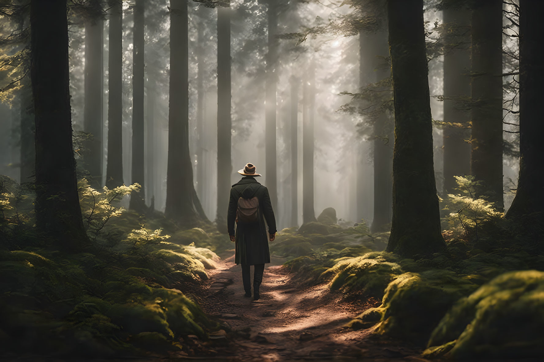 Person with hat and backpack walking in misty forest sunlight