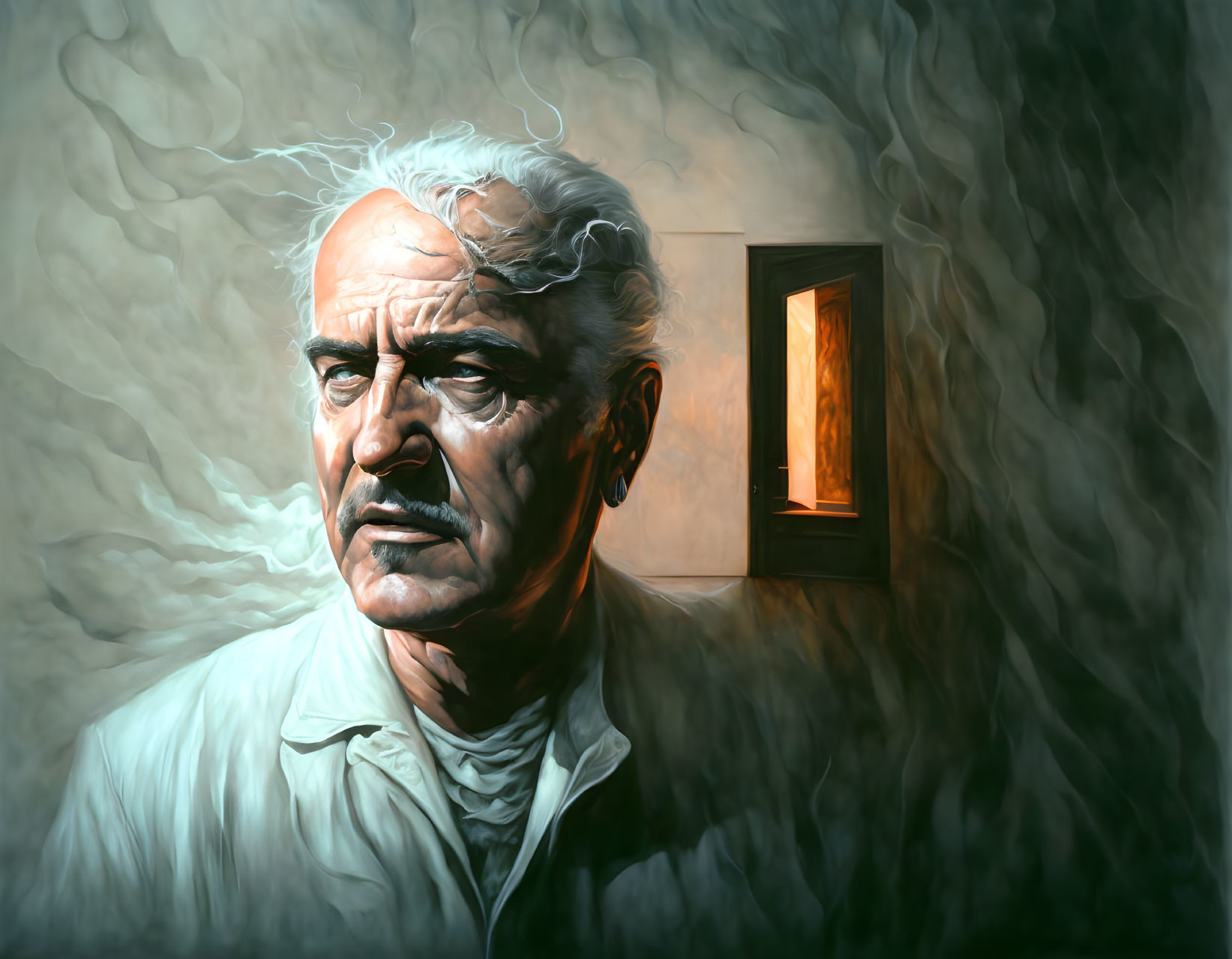 Elderly man digital painting with white hair and furrowed brows