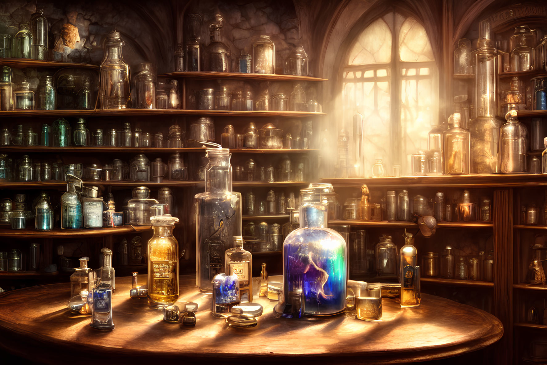 Vintage Apothecary with Illuminated Bottles and Gothic Window