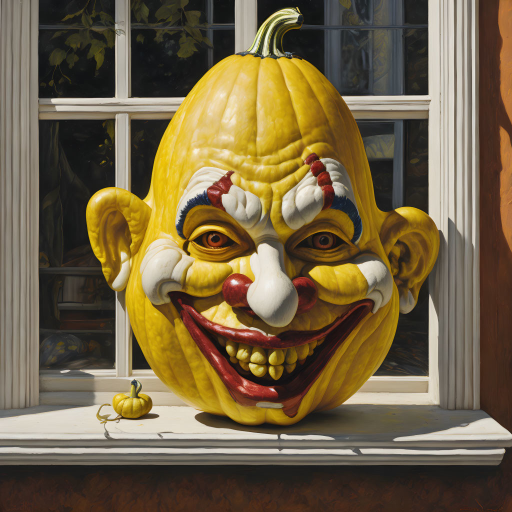 Colorful Clown Pumpkin Carving on Sunny Windowsill