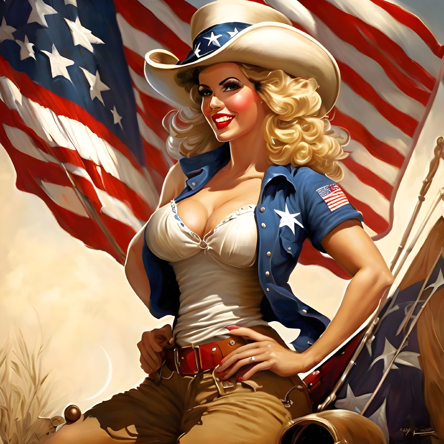 Smiling woman in patriotic attire with American flag background