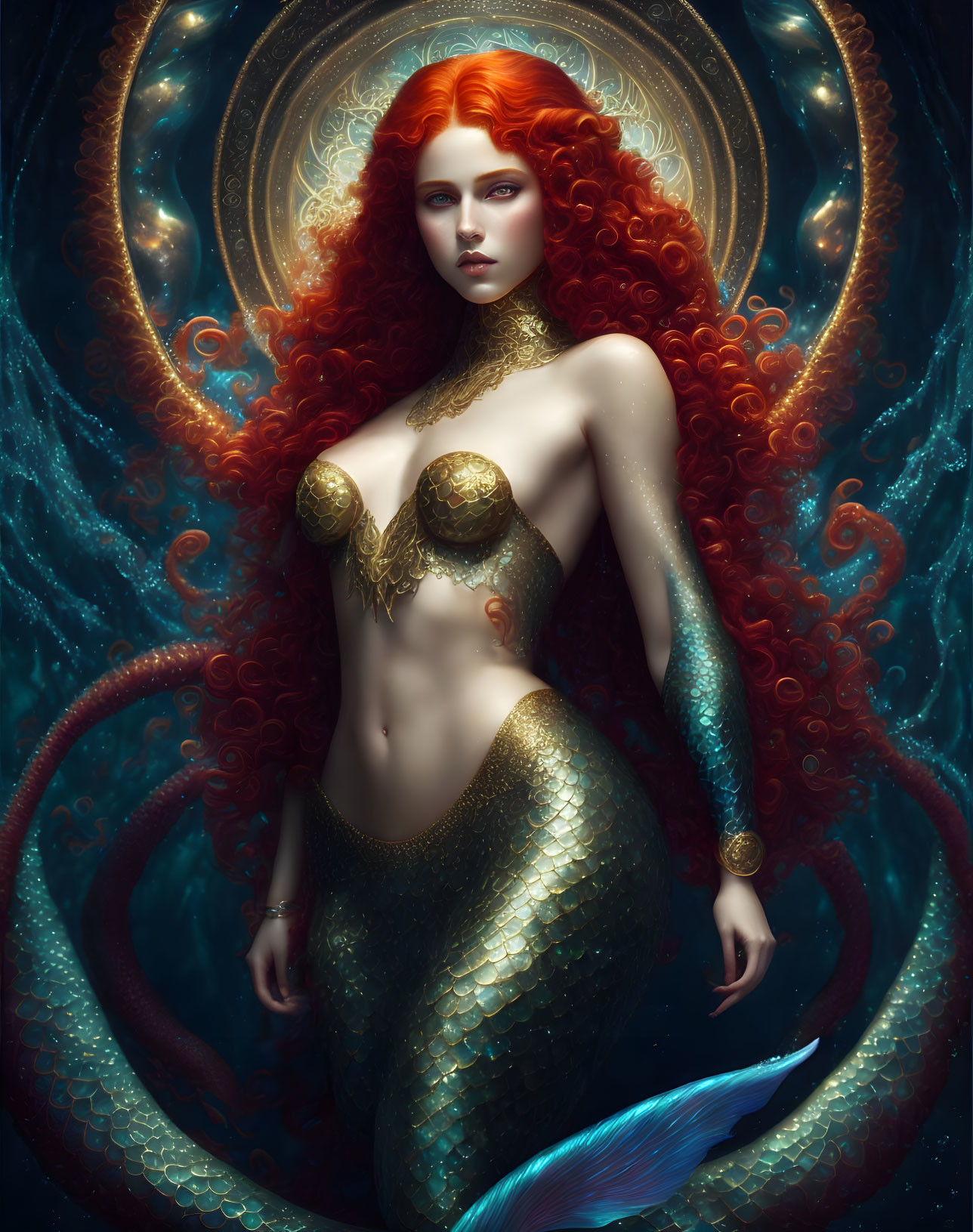 Mystical mermaid with red hair, golden armor, and green tail in marine-themed setting