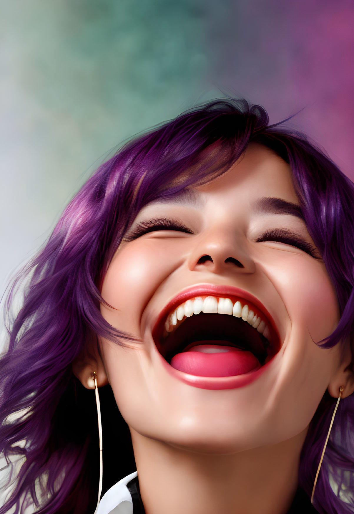 Joyful woman with purple hair and white teeth on multicolored background.