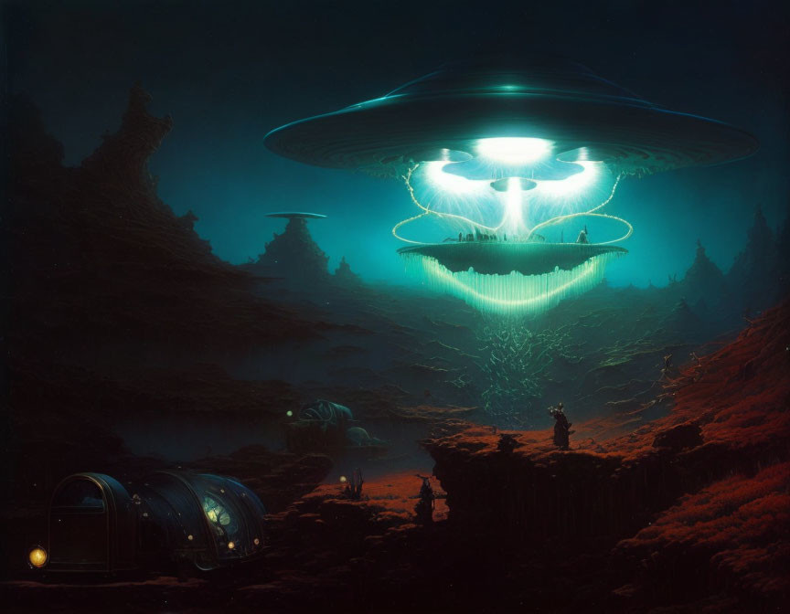 Glowing UFO hovers over futuristic forest scene