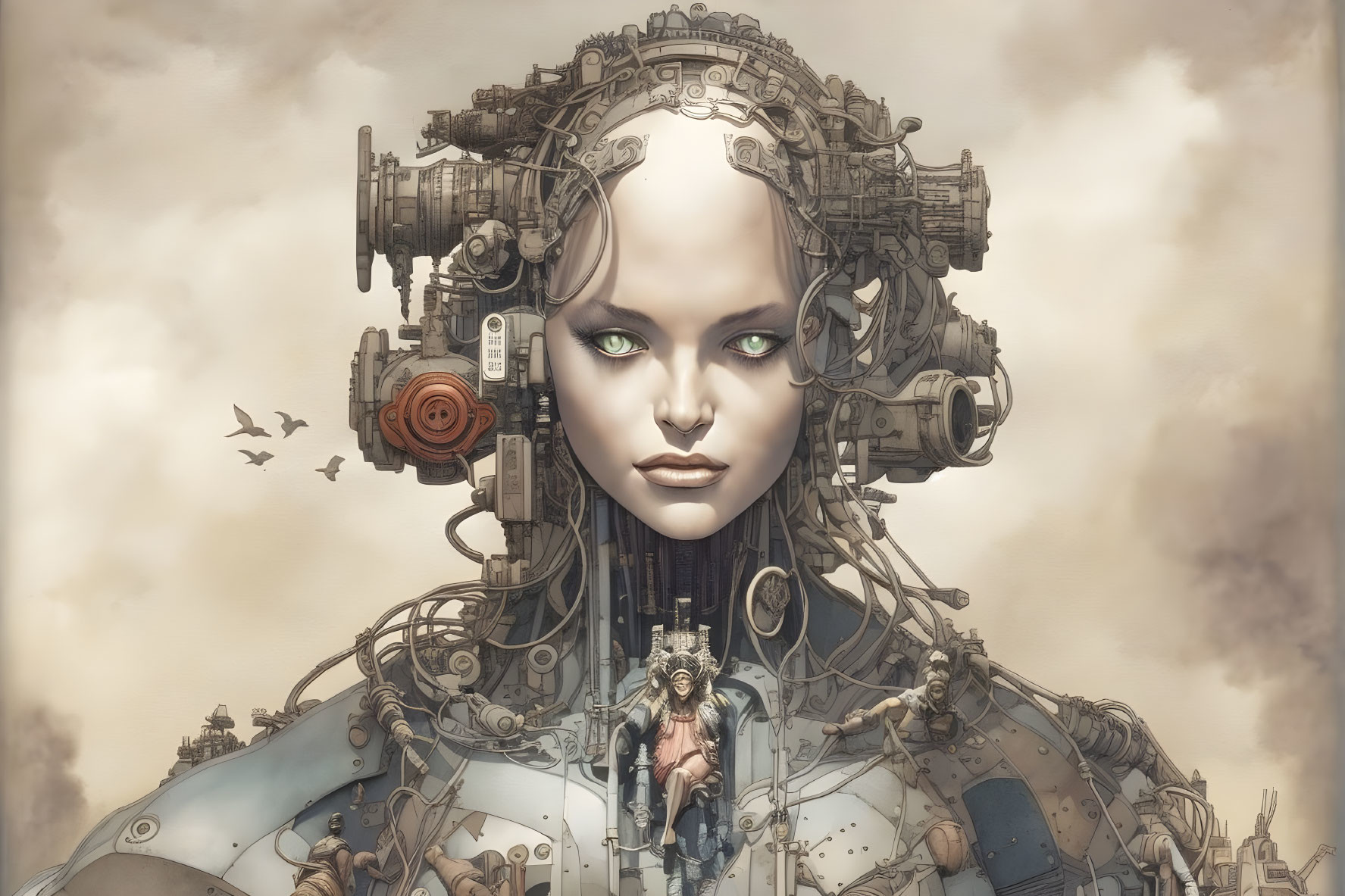 Female humanoid robot digital artwork with intricate mechanical details on cloudy sky backdrop.