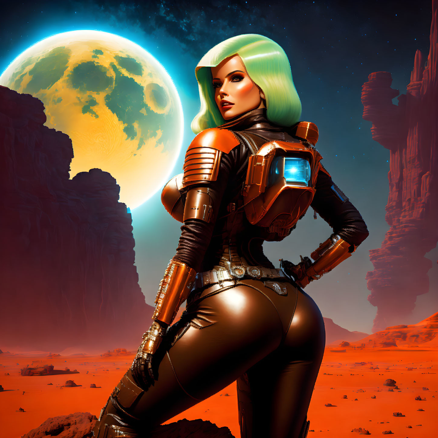 Futuristic female character with green hair on Mars-like landscape