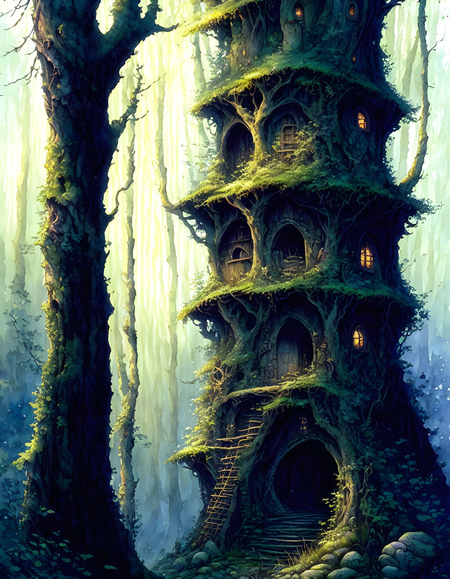 Fantasy Treehouse in Enchanting Forest with Glowing Windows