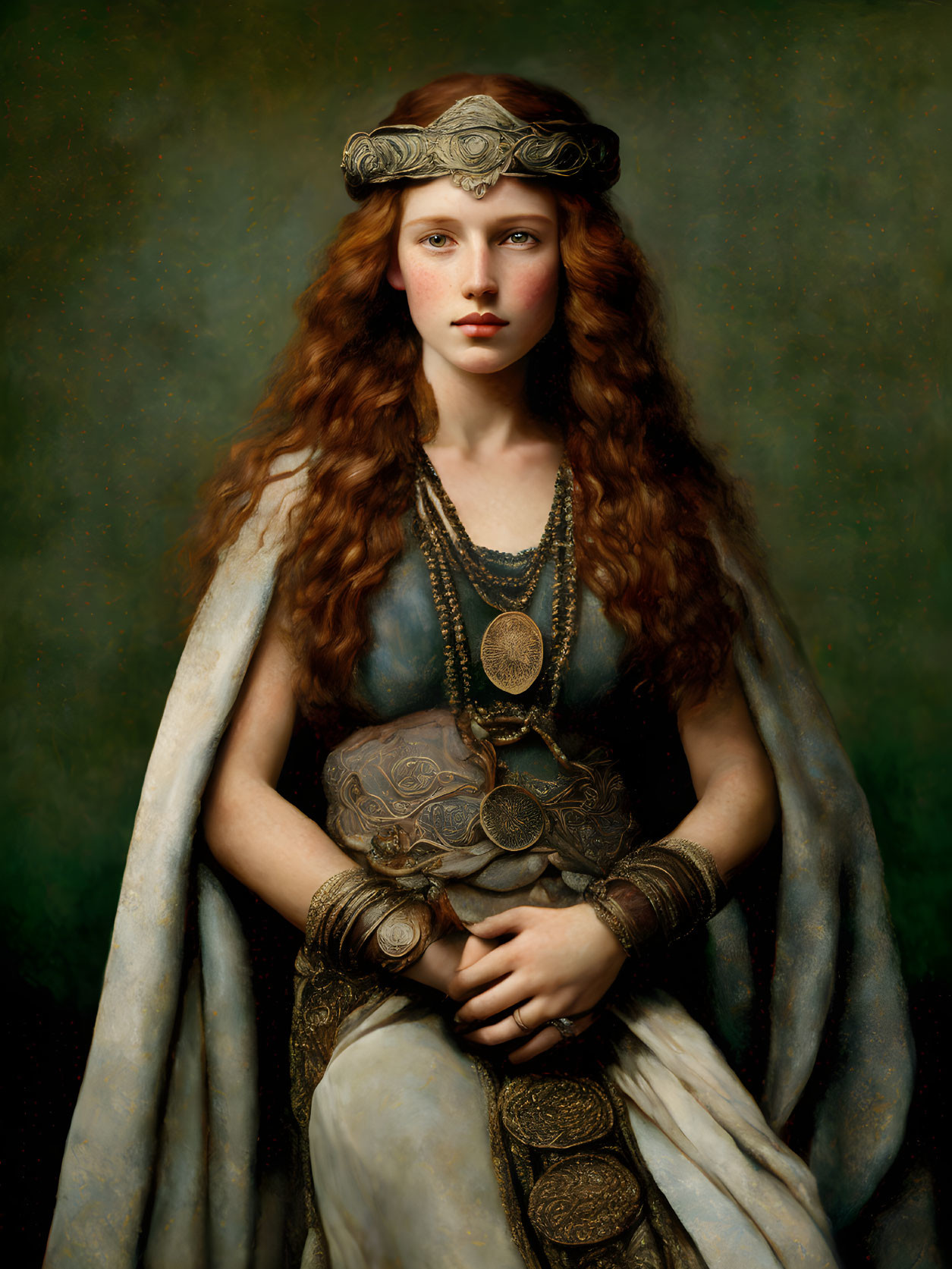 Regal woman with red hair and golden circlet in blue draped garment