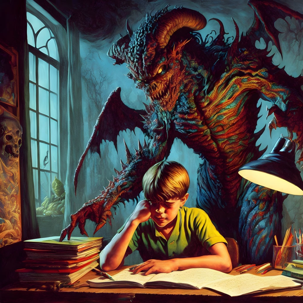 Boy reading book at desk with looming dragon in dim room