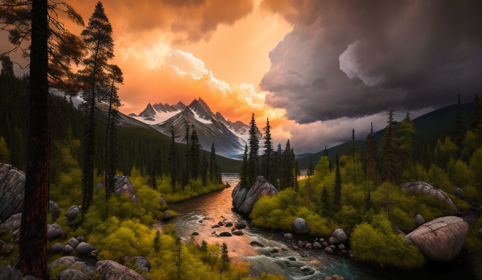 Scenic sunset view of mountain, river, and pine trees