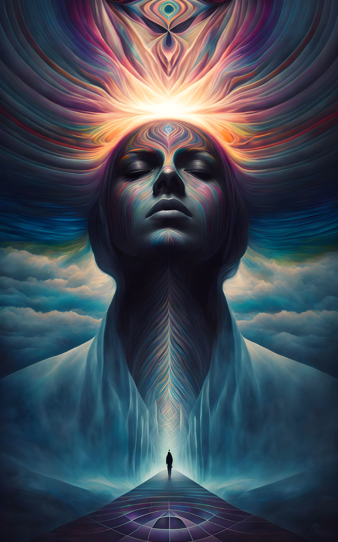 Surreal digital artwork of meditative face with cosmic patterns and celestial sky