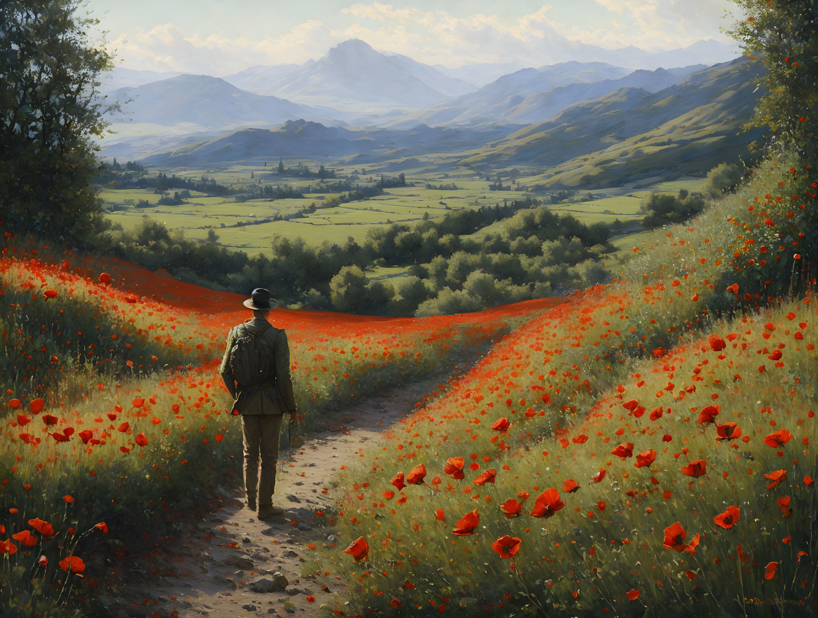 Person walking on poppy-lined path towards mountains in lush valley