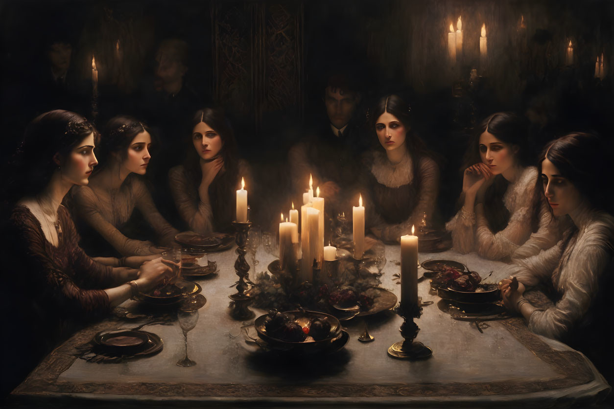 Identical women in dark attire at candlelit dinner table