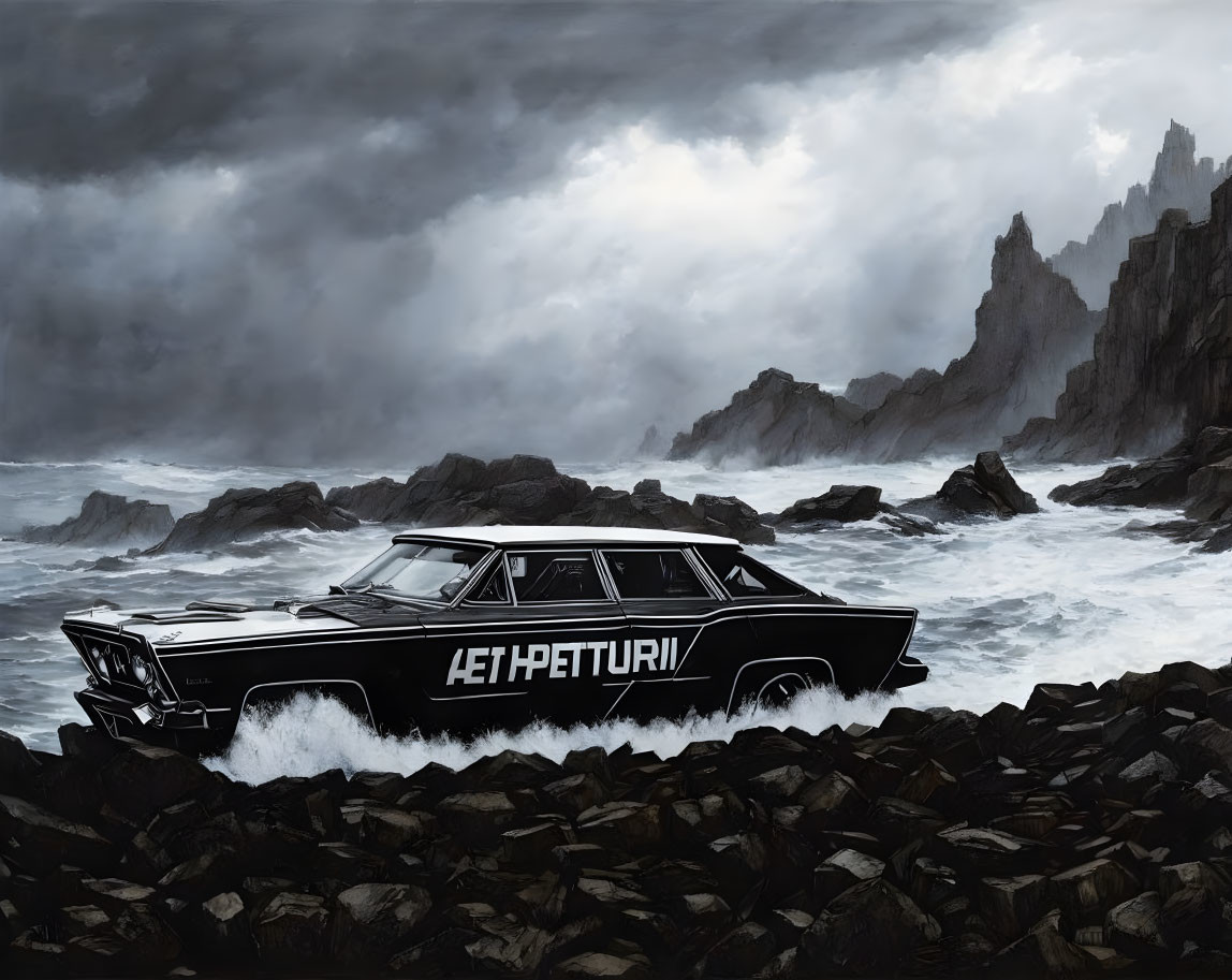 Vintage black car with "AETPETTURI" on side, parked on rocky shore in storm