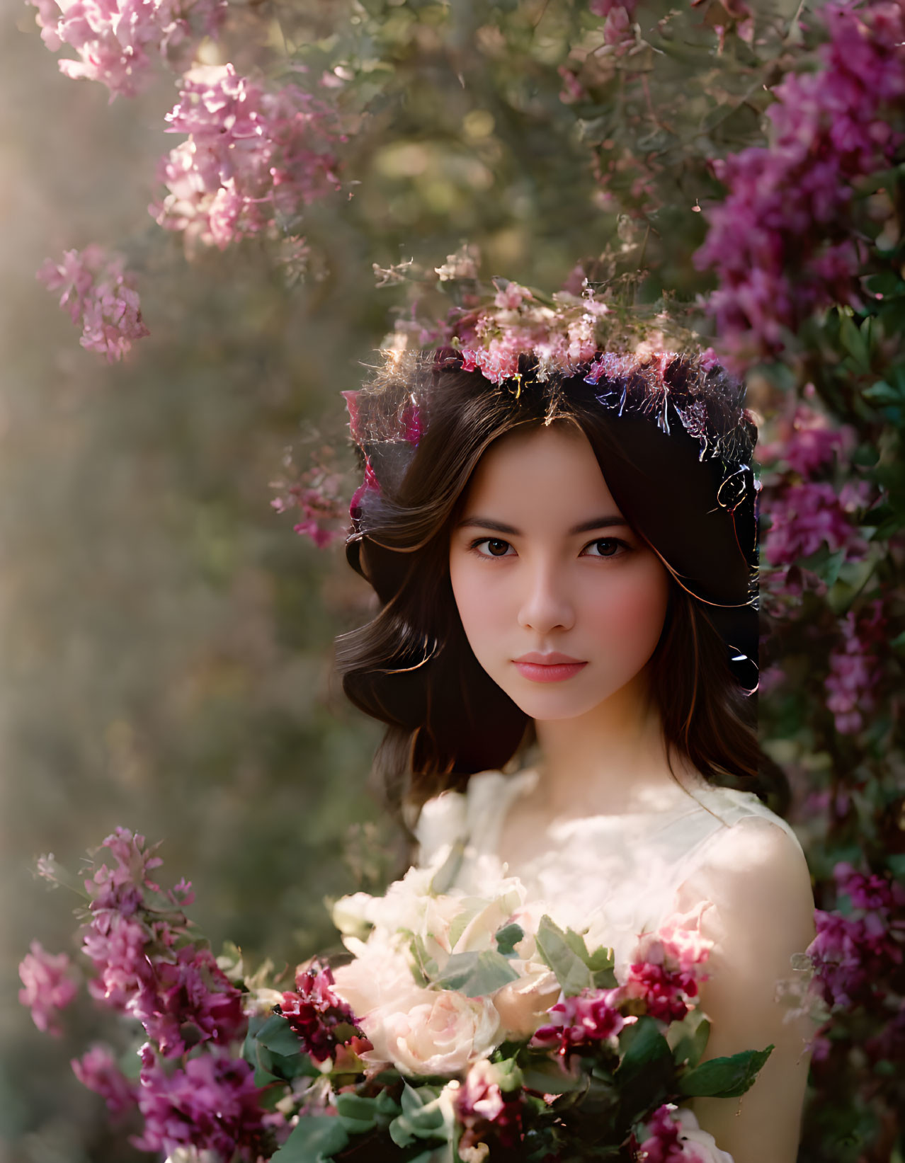 Woman with Floral Headpiece Holding Bouquet Among Purple Flowers