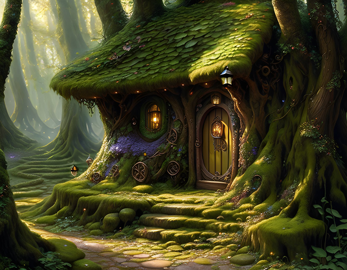 Moss-Covered Treehouse in Enchanting Forest Scene