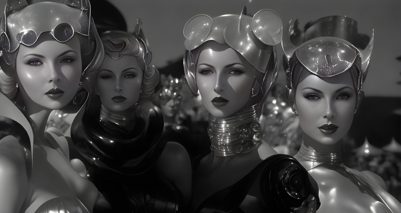 Monochrome image of futuristic female figures in robotic costumes