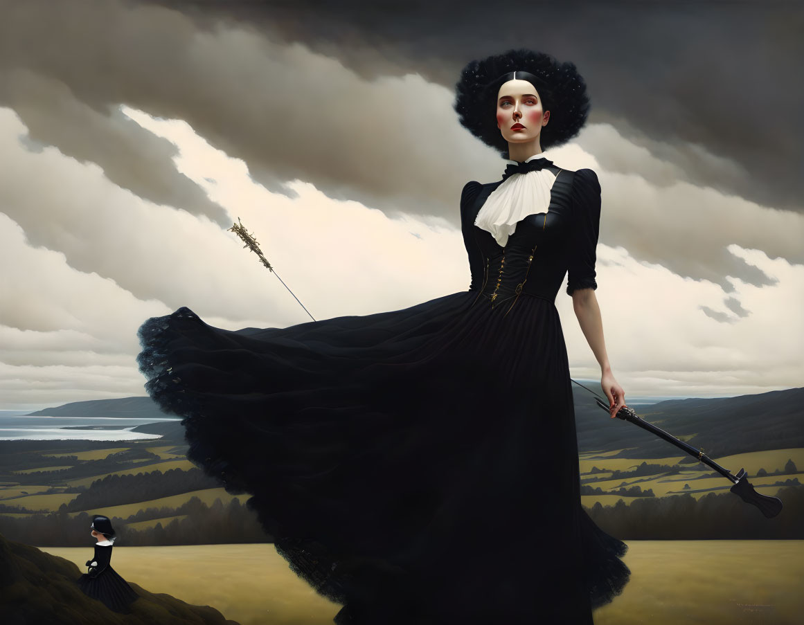 Woman in Striking Black Dress on Surreal Landscape Under Cloudy Sky