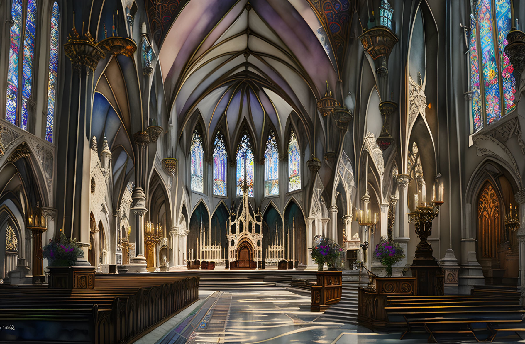 Gothic cathedral interior with stained glass windows & sunbeams