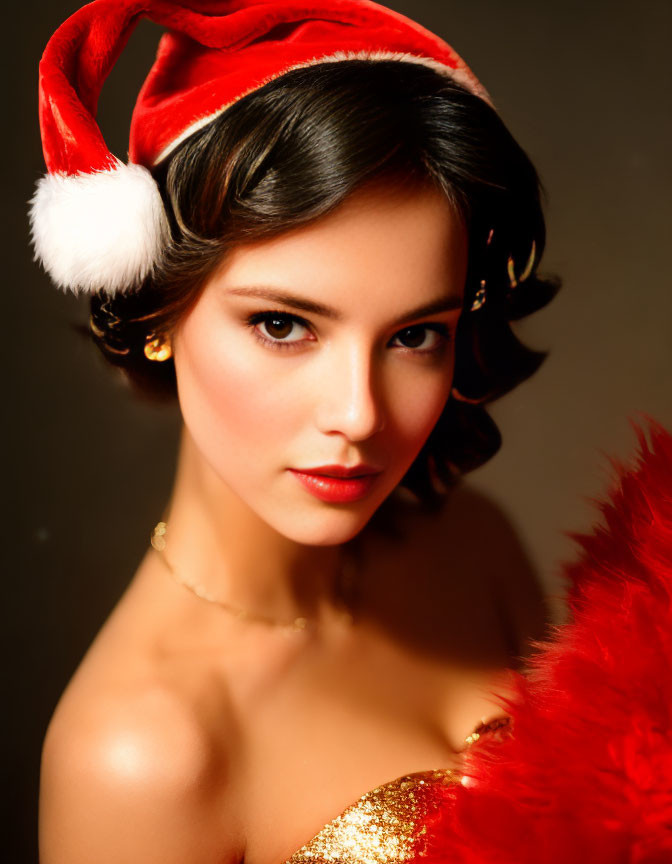 Dark-haired woman in Santa hat and golden dress on dark background.