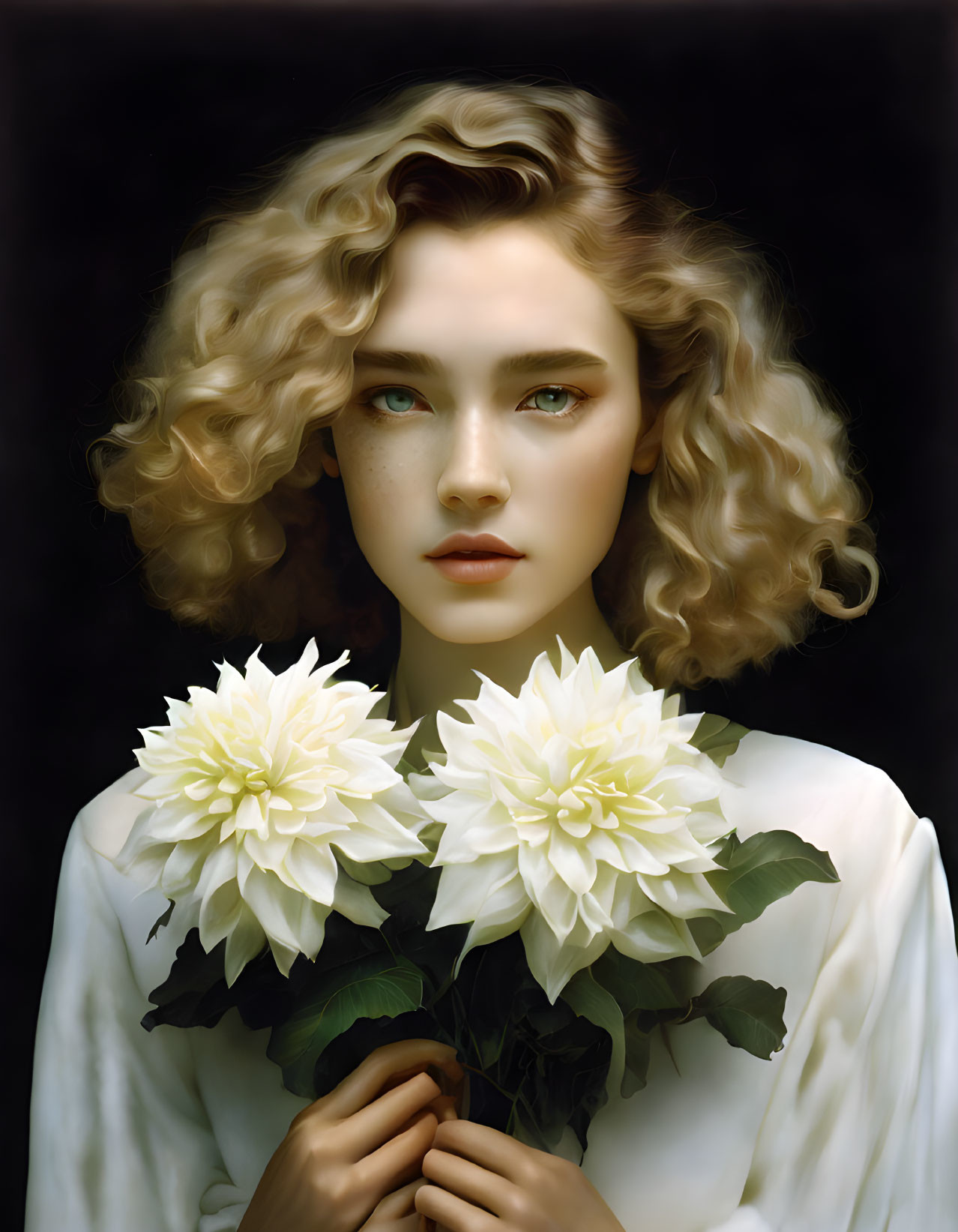 Hyperrealistic portrait of person with blonde hair, blue eyes, fair skin, holding white dahlias