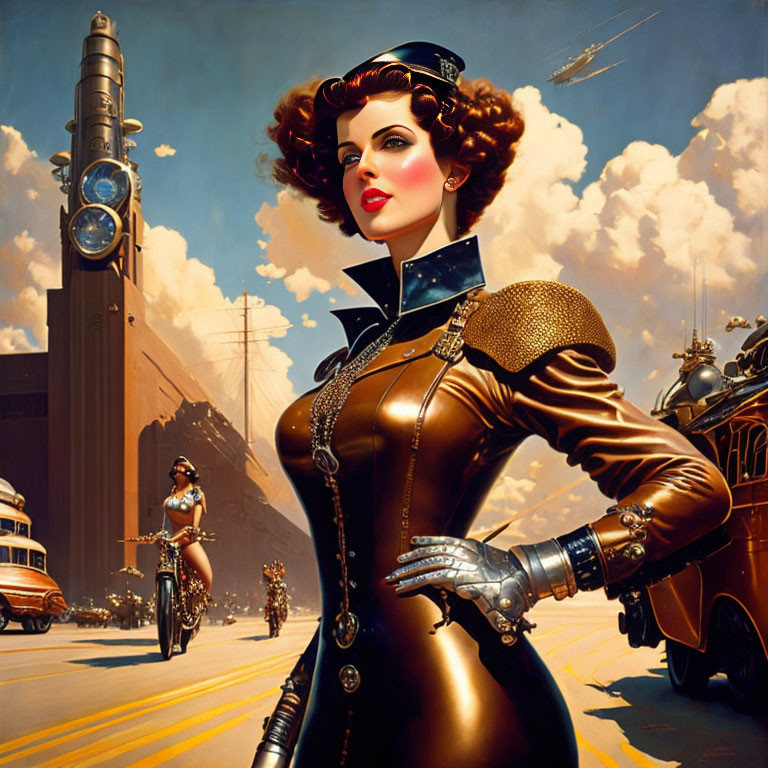 Retro-futuristic military woman illustration with vintage backdrop