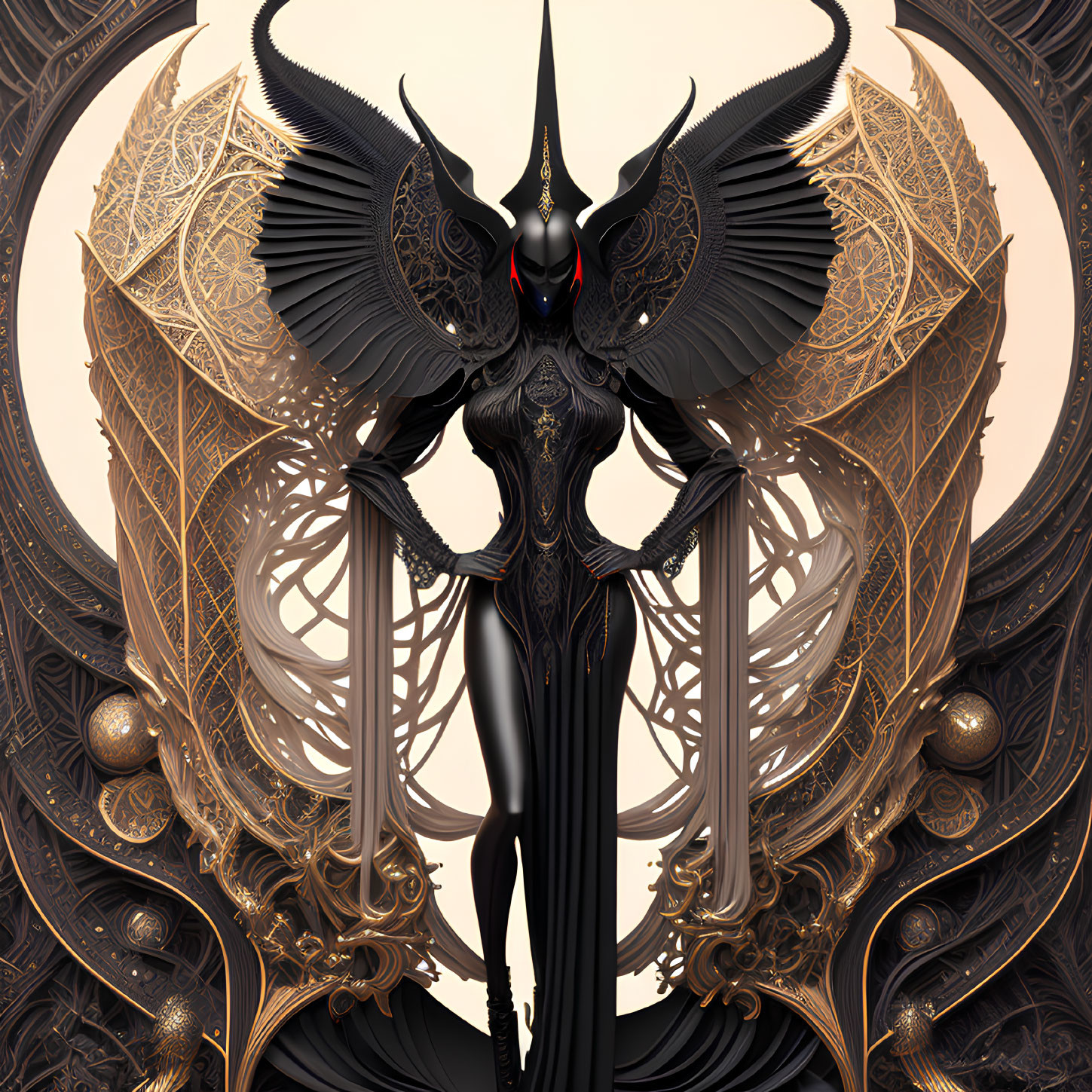 Detailed digital artwork of armored figure with wings and horned helmet against ornamental background.