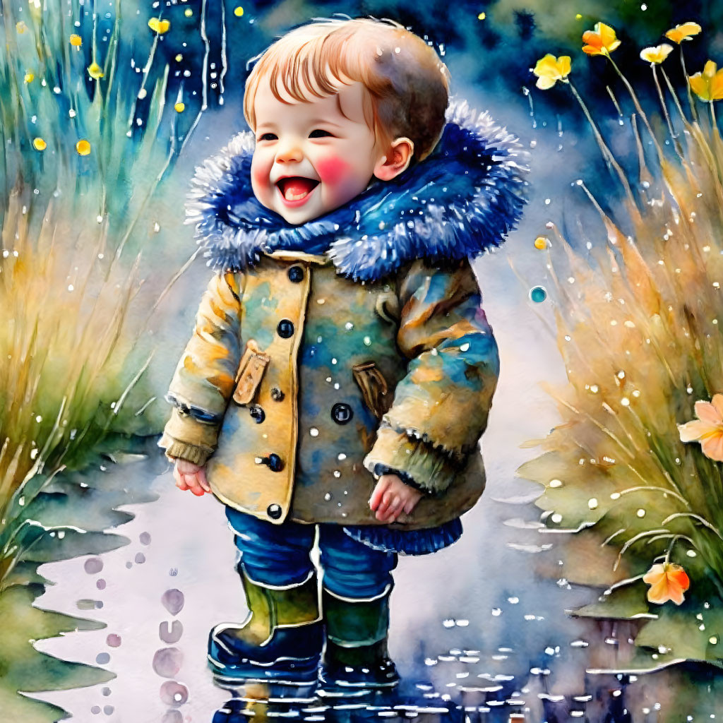 Toddler in winter coat and boots surrounded by colorful flowers and grasses.