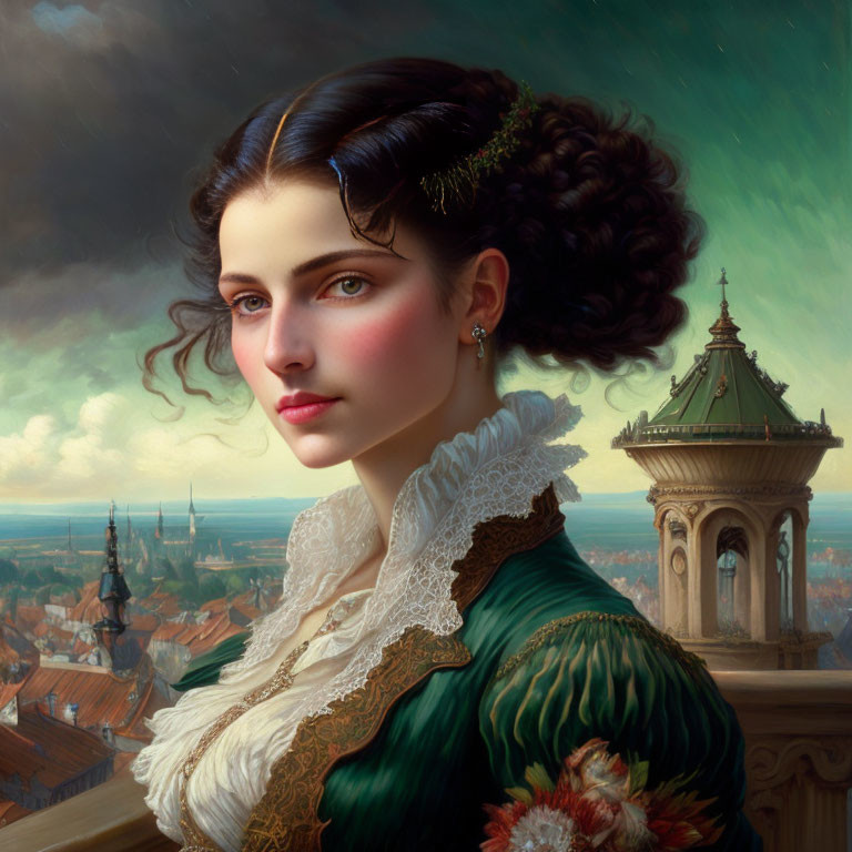 Portrait of woman with refined hairstyle in green dress against old cityscape.