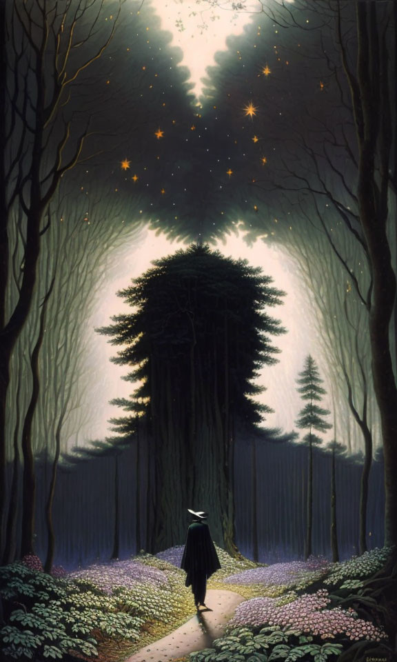 Solitary figure walking towards imposing tree under starlit sky