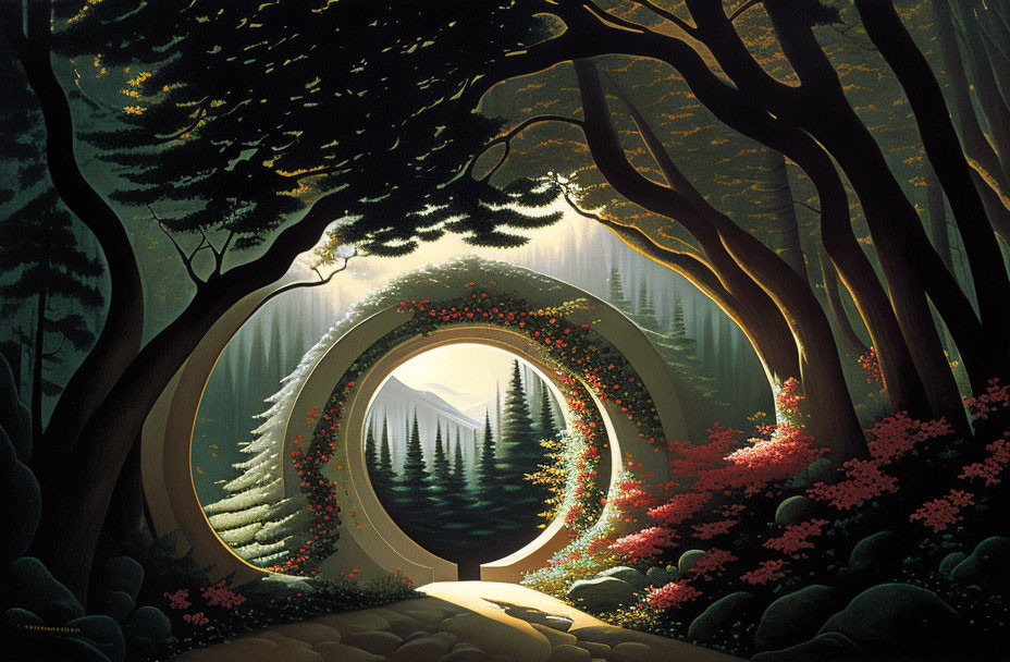 Enchanting forest scene with circular gateway and mountain view